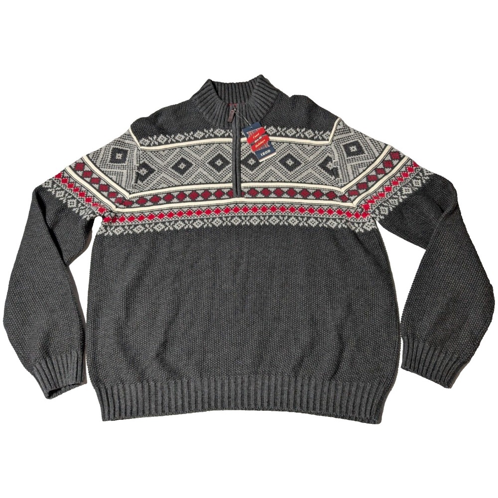 IZOD Holiday Sweater Men XL Cotton Acrylic Black Gray Heather 1/4 Zip NEW